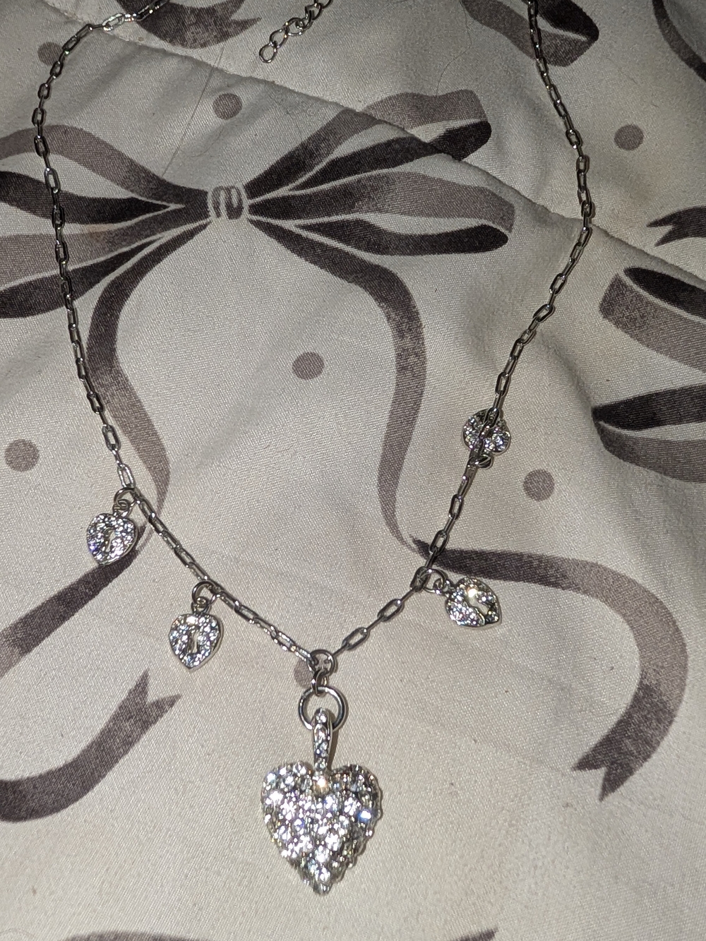 Vintage 925 Sterling Silver Multi Heart Charm Necklace Pave Crystal Dangle NWOT